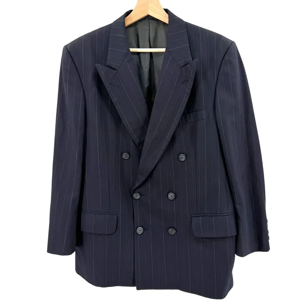 Vintage 90s Burberry Navy Blue 100% Wool Pinstripe Double Breasted Blazer